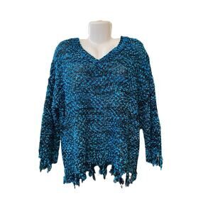 Multiples Women's Blue/Black Frayed Chunky Knit V-Neck Pullover Sweater Size XL